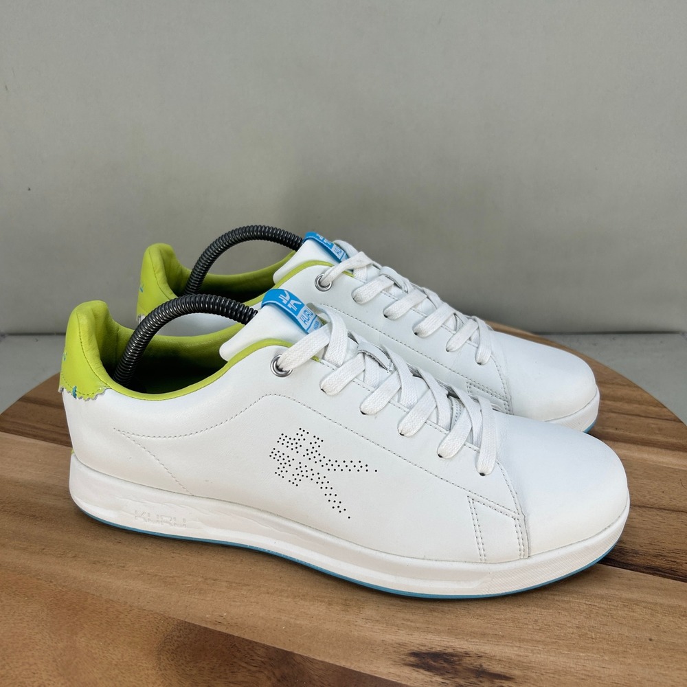 Kuru Roam White Leather Sneakers Womens 10.5 Medium Lime Blue Accents 206322105